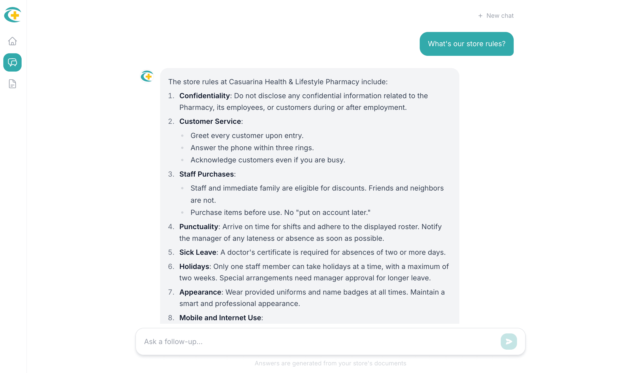 ChatPharm assistant answering store rules with numbered answers sourced from the pharmacy’s own documents.