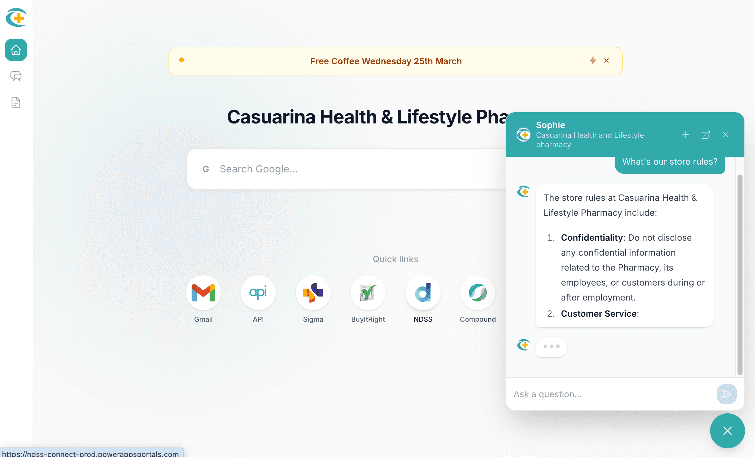 Same ChatPharm dashboard with the Sophie assistant open, answering a question from store documents without leaving the page.