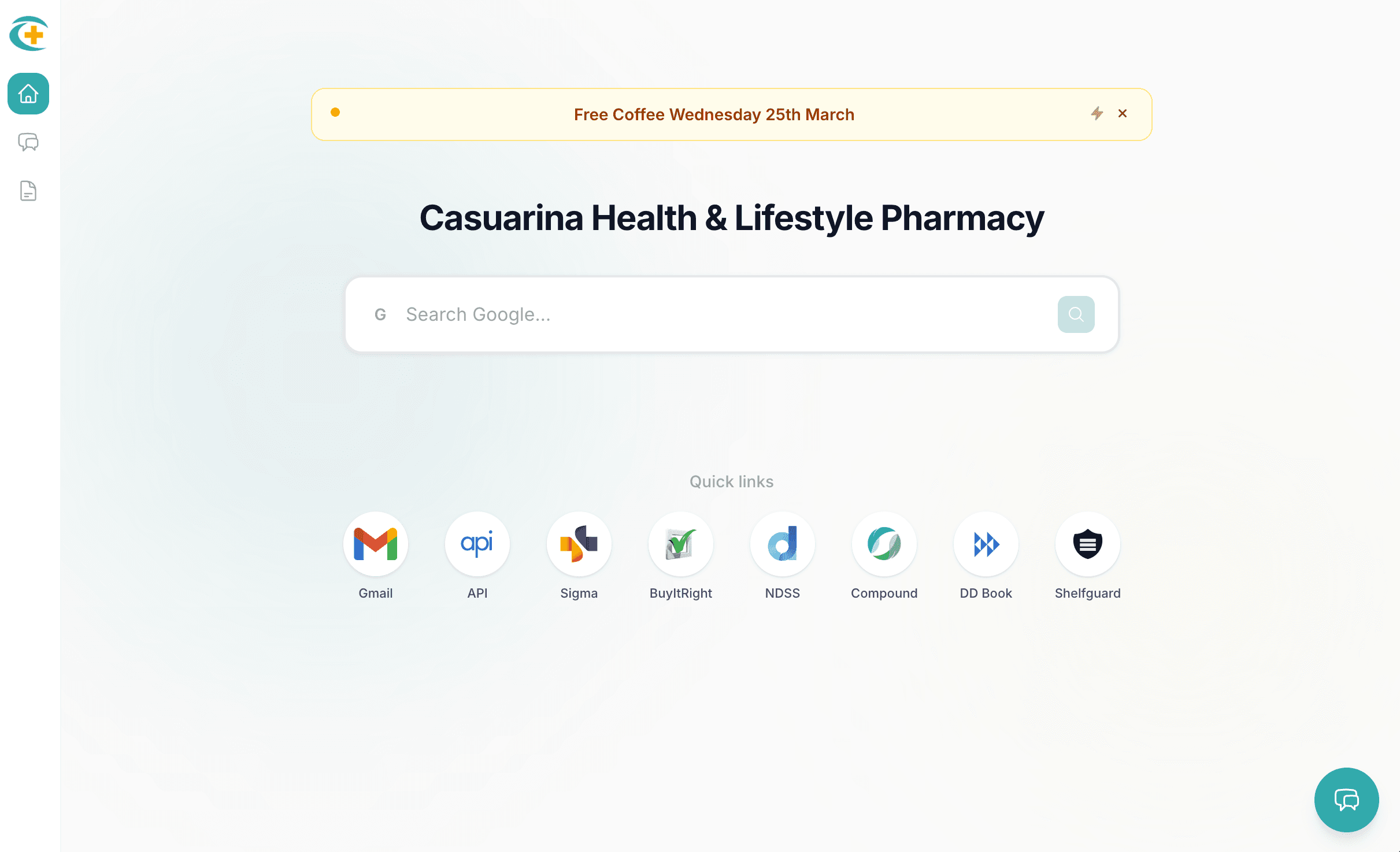 ChatPharm pharmacy dashboard showing announcement bar, search, and quick link tiles.